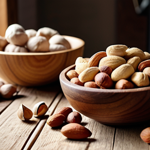 Home 15 **A cozy scene featuring a variety of nuts (almonds, walnuts, cashews, Brazil nuts, hazelnuts, macadamia) arranged in a wooden bowl on a rustic wooden table. Soft, natural light illuminates the nuts, highlighting their textures and colors. In the background, a blurred image of a warm, inviting kitchen with elements like herbs and spices.**