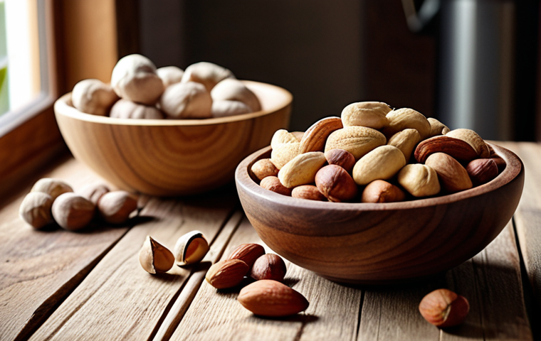 **A cozy scene featuring a variety of nuts (almonds, walnuts, cashews, Brazil nuts, hazelnuts, macadamia) arranged in a wooden bowl on a rustic wooden table. Soft, natural light illuminates the nuts, highlighting their textures and colors. In the background, a blurred image of a warm, inviting kitchen with elements like herbs and spices.**