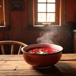 **Image:** A steaming bowl of borscht on a rustic wooden table, warm light, бабушка (grandmother) in the background, cozy home atmosphere, де́ре́вня (village) style.