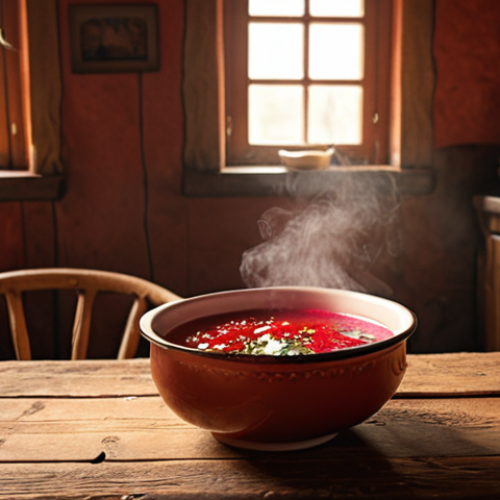 Home 14 **Image:** A steaming bowl of borscht on a rustic wooden table, warm light, бабушка (grandmother) in the background, cozy home atmosphere, де́ре́вня (village) style.