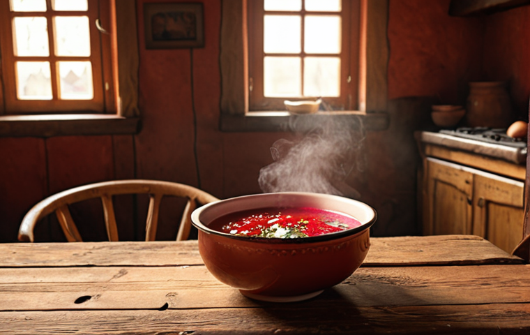 **Image:** A steaming bowl of borscht on a rustic wooden table, warm light, бабушка (grandmother) in the background, cozy home atmosphere, де́ре́вня (village) style.