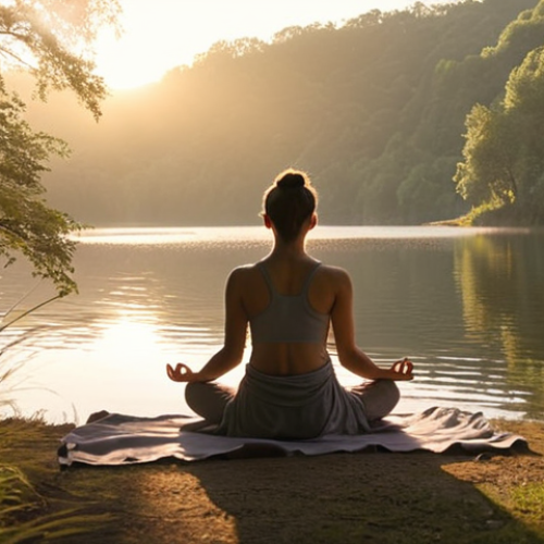 Home 7 **A person meditating peacefully by a calm lake at sunrise, surrounded by nature. Soft, warm lighting.** (Focus: Mindfulness & Nature)