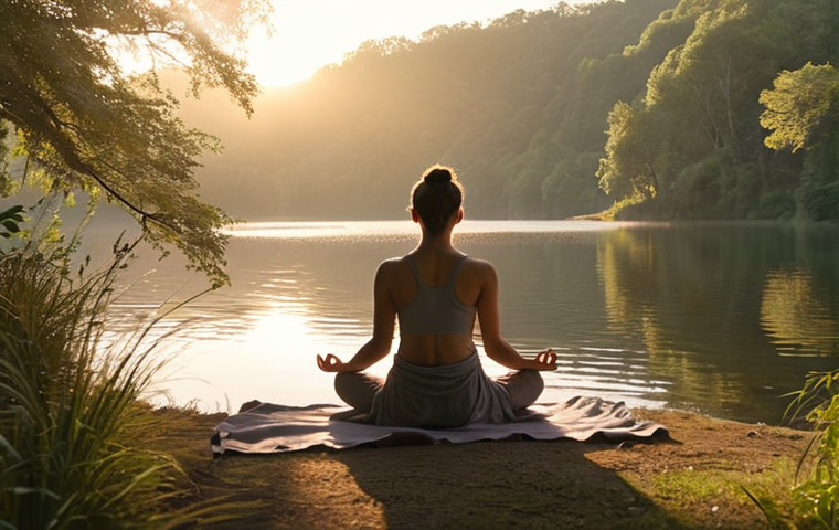 **A person meditating peacefully by a calm lake at sunrise, surrounded by nature. Soft, warm lighting.** (Focus: Mindfulness & Nature)