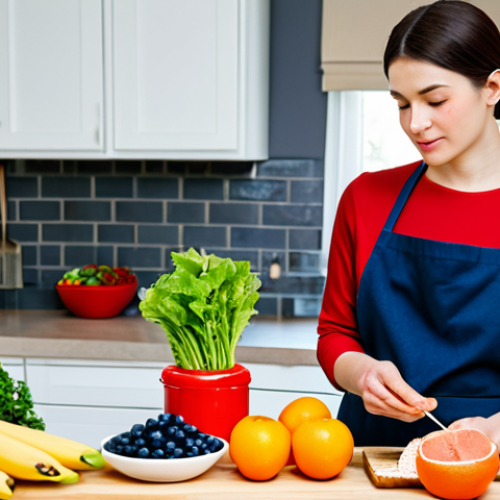A professional woman in a modest business casual attire, standing in a bright, modern kitchen, thoughtfully selecting fresh, vibrant produce and wholesome ingredients from a well-stocked counter. The display includes colorful berries, leafy greens, a piece of salmon, whole-grain bread, and a bottle of kefir, emphasizing the connection between healthy eating and mood. The overall atmosphere is calm and inviting. perfect anatomy, correct proportions, natural pose, well-formed hands, proper finger count, fully clothed, modest clothing, appropriate attire, professional dress, safe for work, appropriate content, family-friendly, high-quality photography.