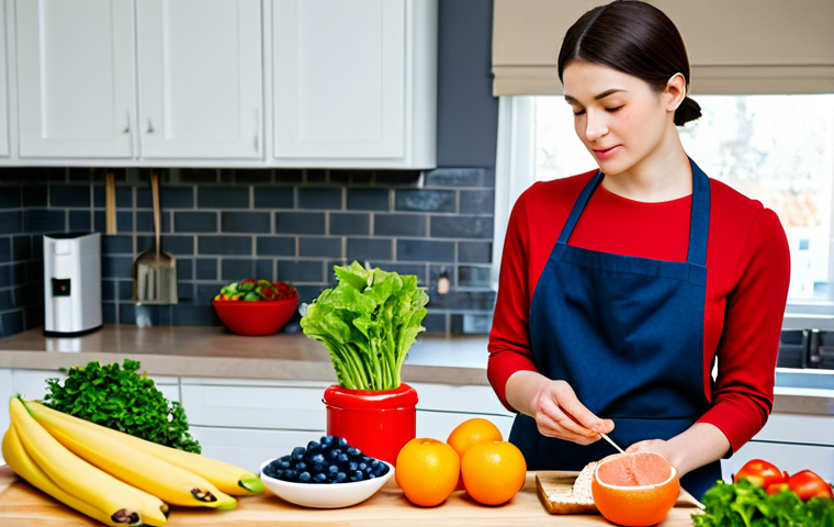 A professional woman in a modest business casual attire, standing in a bright, modern kitchen, thoughtfully selecting fresh, vibrant produce and wholesome ingredients from a well-stocked counter. The display includes colorful berries, leafy greens, a piece of salmon, whole-grain bread, and a bottle of kefir, emphasizing the connection between healthy eating and mood. The overall atmosphere is calm and inviting. perfect anatomy, correct proportions, natural pose, well-formed hands, proper finger count, fully clothed, modest clothing, appropriate attire, professional dress, safe for work, appropriate content, family-friendly, high-quality photography.