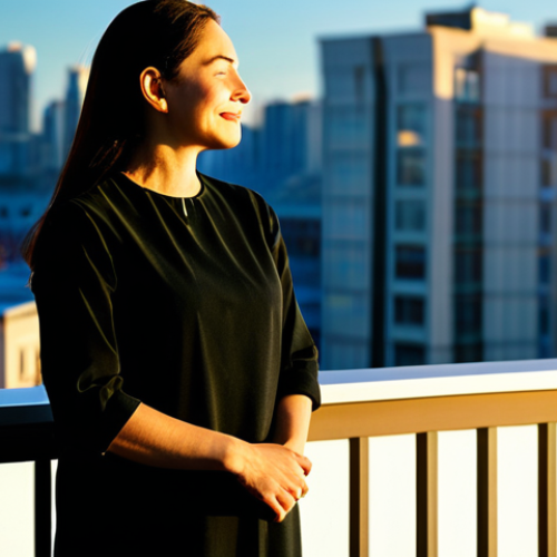 A calm, professional woman in modest, comfortable attire, standing on a modern balcony, gently facing the warm morning sun with eyes closed, a subtle, serene smile on her face. Her hands are naturally at her sides. Bright, sunlit city skyline in the soft focus background. Clear blue sky with a gentle sunrise glow. Golden hour lighting, soft and warm, casting long shadows. High-resolution, professional photography, soft focus, depth of field, perfect anatomy, correct proportions, well-formed hands, proper finger count, natural body proportions, fully clothed, appropriate attire, modest clothing, safe for work, appropriate content, family-friendly.