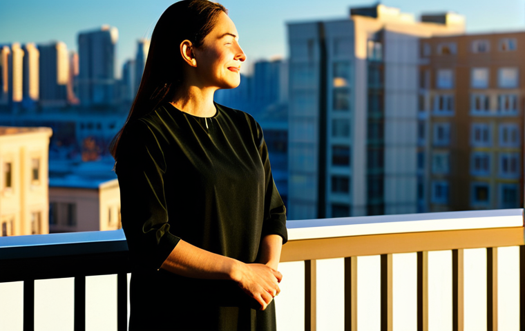 A calm, professional woman in modest, comfortable attire, standing on a modern balcony, gently facing the warm morning sun with eyes closed, a subtle, serene smile on her face. Her hands are naturally at her sides. Bright, sunlit city skyline in the soft focus background. Clear blue sky with a gentle sunrise glow. Golden hour lighting, soft and warm, casting long shadows. High-resolution, professional photography, soft focus, depth of field, perfect anatomy, correct proportions, well-formed hands, proper finger count, natural body proportions, fully clothed, appropriate attire, modest clothing, safe for work, appropriate content, family-friendly.