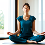 A professional woman, fully clothed in modest, comfortable business casual attire, seated calmly in a well-lit, minimalist meditation room. Her hands are gently resting on her lap, and her eyes are softly closed as she practices deep, diaphragmatic breathing. The background features warm, natural light filtering through a window and subtle, calming decor. The image emphasizes tranquility and inner peace. safe for work, appropriate content, professional, perfect anatomy, correct proportions, natural pose, well-formed hands, proper finger count, natural body proportions, professional photography, high quality.