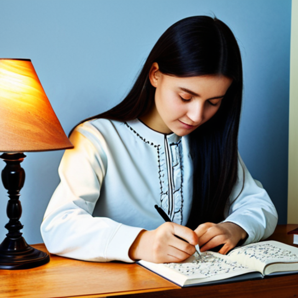 스트레스 해소를 위한 취미 생활 캘리그라피 - Calming Calligraphy**
A woman with a serene expression, fully clothed in a comfortable, modest дома...