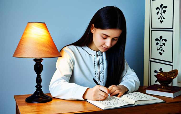 스트레스 해소를 위한 취미 생활 캘리그라피 - Calming Calligraphy**
A woman with a serene expression, fully clothed in a comfortable, modest дома...