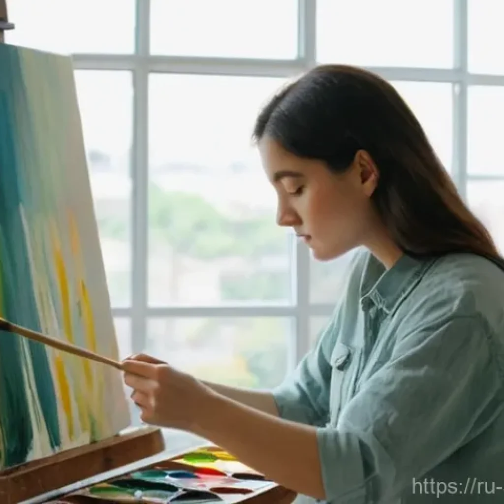 스트레스 해소를 위한 창의적인 표현법 - **Prompt 1: Creative Expression on Canvas**
A tranquil scene of a woman, aged 20s-30s, deeply en...