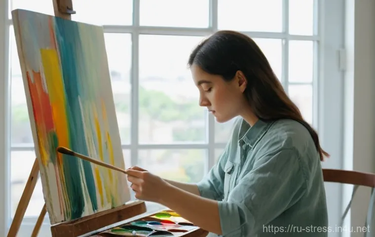 스트레스 해소를 위한 창의적인 표현법 - **Prompt 1: Creative Expression on Canvas**
A tranquil scene of a woman, aged 20s-30s, deeply en...