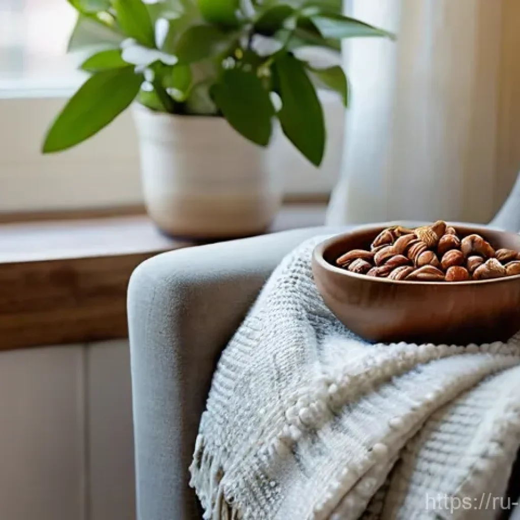 스트레스 해소에 좋은 음식 견과류 - **Prompt 1: A Peaceful Moment with a Nut Mix**
A tranquil and cozy indoor scene. A person (femal...
