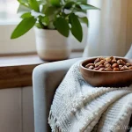 스트레스 해소에 좋은 음식 견과류 - **Prompt 1: A Peaceful Moment with a Nut Mix**
A tranquil and cozy indoor scene. A person (femal...