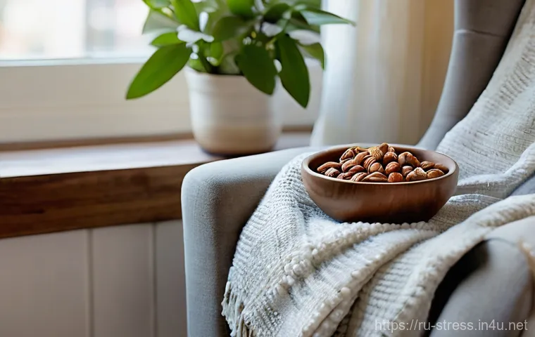스트레스 해소에 좋은 음식 견과류 - **Prompt 1: A Peaceful Moment with a Nut Mix**
A tranquil and cozy indoor scene. A person (femal...