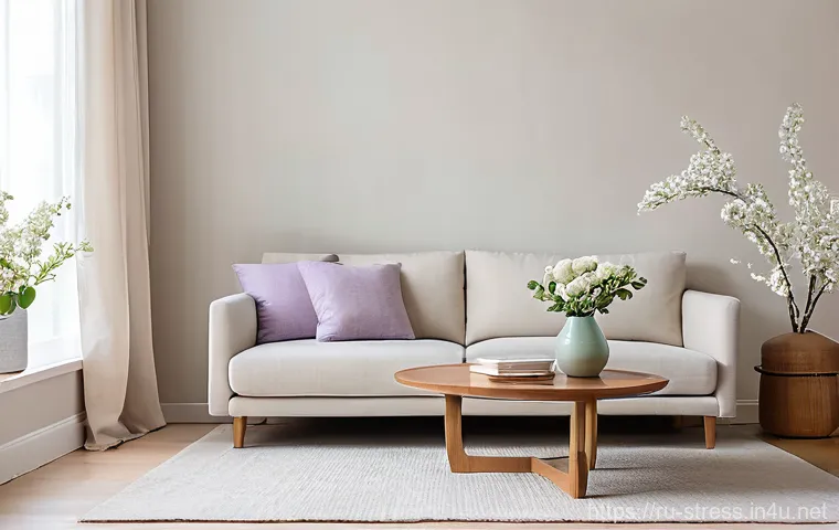 스트레스 해소법  스트레스를 받지 않는 환경 만들기 - **A Serene Minimalist Living Room:** A bright and airy living room, bathed in soft, diffused natural...