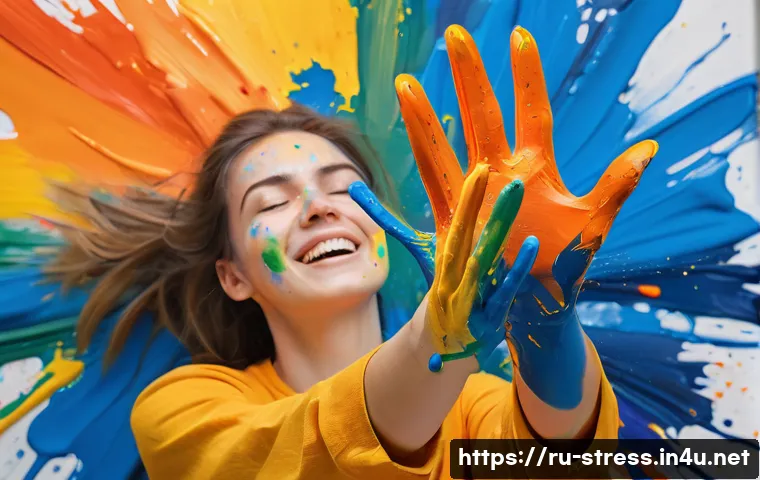 스트레스 해소를 위한 아트 테라피 - **Emotional Release through Abstract Painting:**
A vibrant, dynamic close-up image of an adult w...