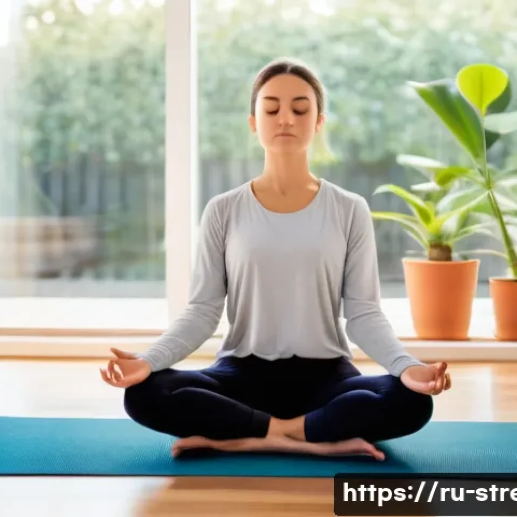 스트레스 해소를 위한 집중력 훈련 - A serene indoor scene featuring a young adult practicing mindful breathing in a cozy living room at ...