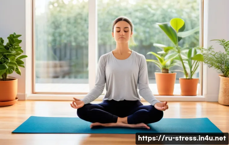스트레스 해소를 위한 집중력 훈련 - A serene indoor scene featuring a young adult practicing mindful breathing in a cozy living room at ...