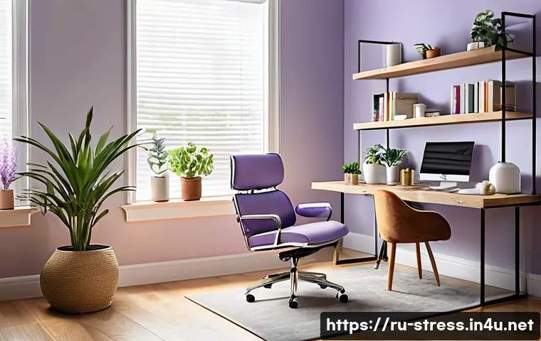 스트레스 해소법 일상에서 실천할 수 있는 팁 - A peaceful modern home office scene featuring a tidy workspace bathed in warm natural light from a l...