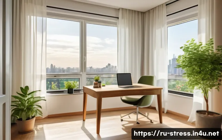 스트레스 해소를 위한 창문 열기 - A cozy urban apartment interior in early morning light with a large open window showing a clean city...