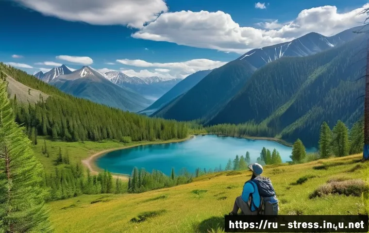 스트레스 해소를 위한 여행지   자연 휴식처 - A serene landscape of the Altai Mountains during summer, featuring crystal-clear mountain lakes surr...