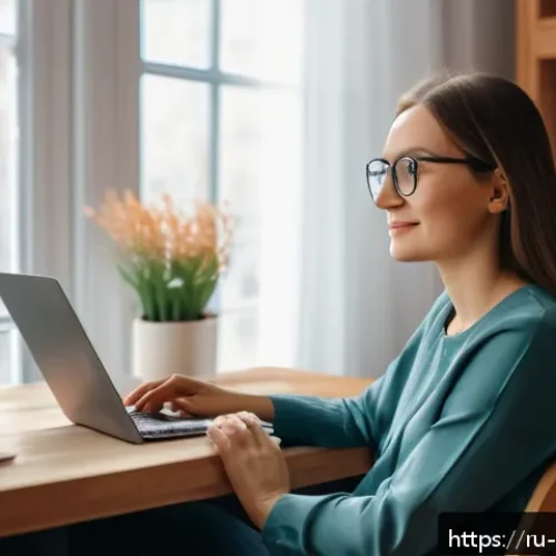 Home 33 스트레스 해소를 위한 전문가 상담 - A calm and cozy home office scene showing a young Russian professional woman during an online psycho...