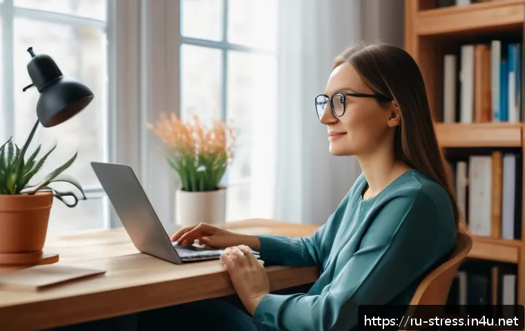 스트레스 해소를 위한 전문가 상담 - A calm and cozy home office scene showing a young Russian professional woman during an online psycho...