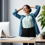 Home 20 스트레스 해소법 업무 스트레스 관리법 - A modern, bright office workspace featuring a young professional woman taking a short break from her...