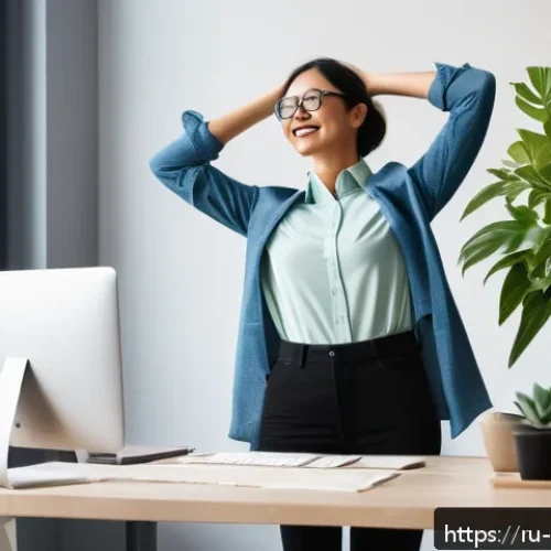 Home 32 스트레스 해소법 업무 스트레스 관리법 - A modern, bright office workspace featuring a young professional woman taking a short break from her...