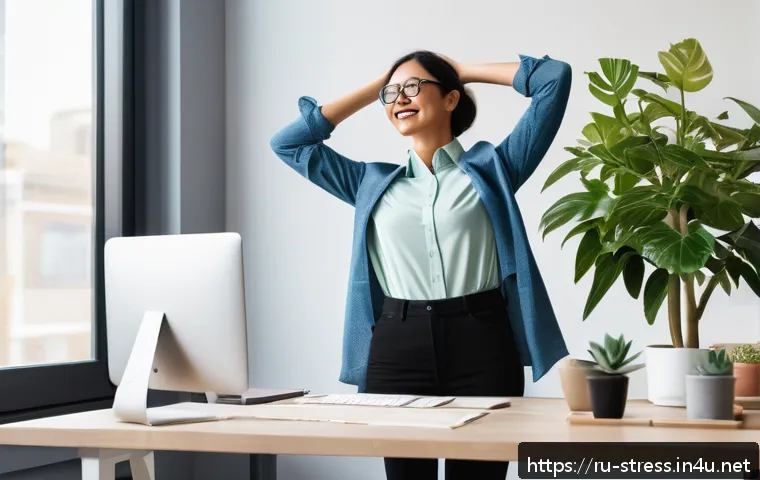 스트레스 해소법 업무 스트레스 관리법 - A modern, bright office workspace featuring a young professional woman taking a short break from her...
