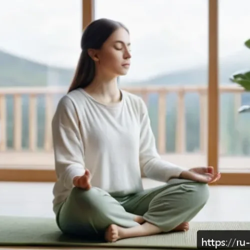Home 31 스트레스 해소를 위한 명상 - A serene indoor scene of a young Russian woman practicing mindful breathing meditation in a cozy liv...