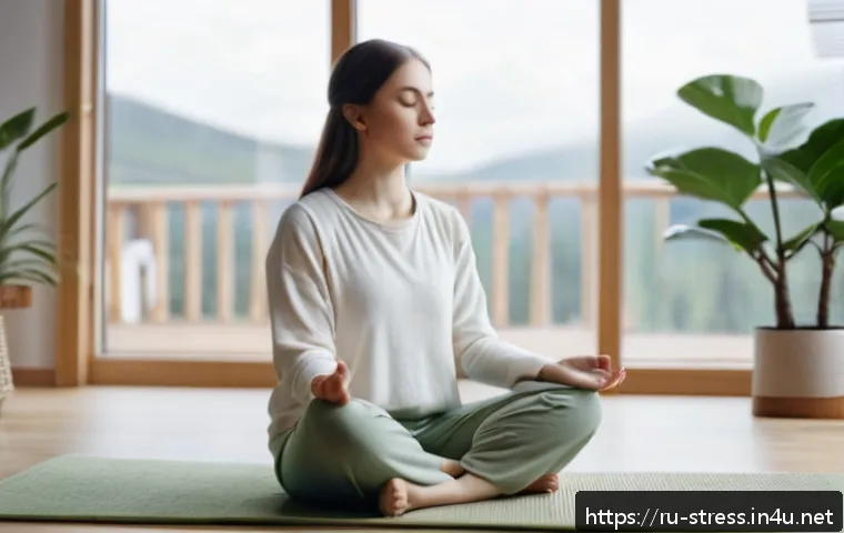 스트레스 해소를 위한 명상 - A serene indoor scene of a young Russian woman practicing mindful breathing meditation in a cozy liv...