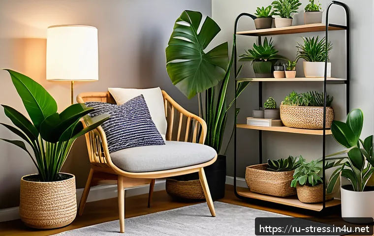 스트레스 해소법 실내 식물 기르기 - A cozy urban apartment corner featuring a variety of healthy indoor plants such as monstera, ferns, ...