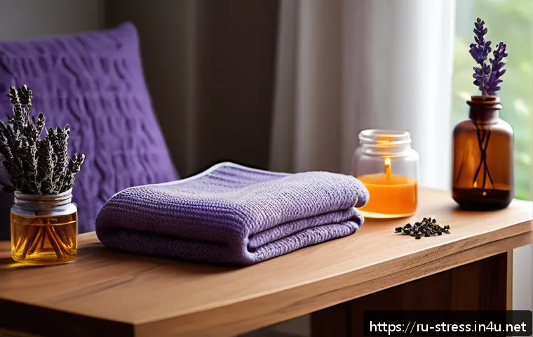 스트레스 해소 아로마테라피 - A cozy and serene home interior scene featuring an elegant aromatherapy setup: a wooden table with a...