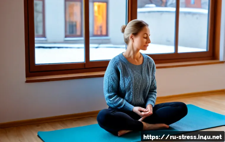스트레스 해소를 위한 마인드풀니스 - Photorealistic middle-aged Russian woman practicing mindfulness meditation beside a large apartment ...