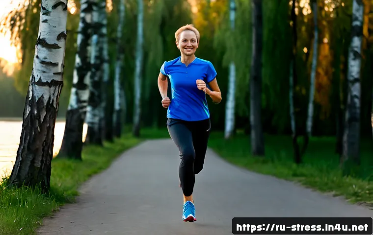 스트레스 해소를 위한 유산소 운동 - Photorealistic early morning jog in a peaceful Moscow city park, a middle-aged Russian woman in mode...