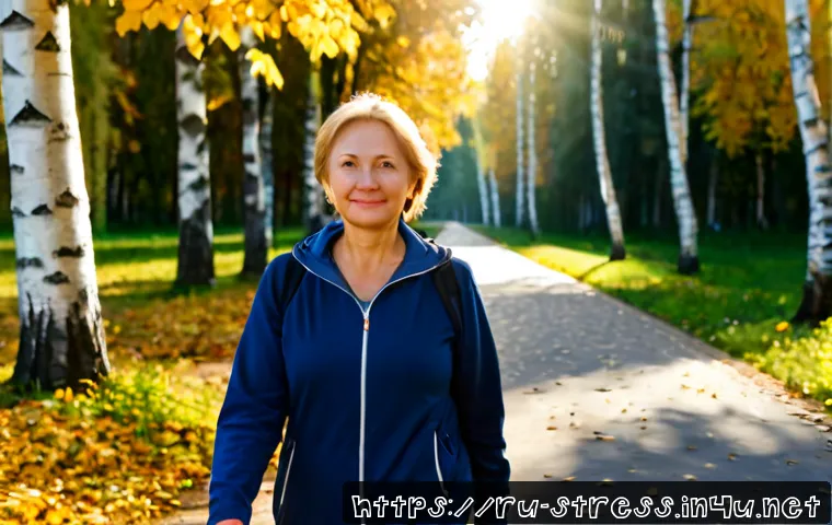 스트레스 해소를 위한 운동  산책과 트레킹 - Photorealistic early autumn morning in a quiet Russian city park, a middle-aged woman in modest laye...